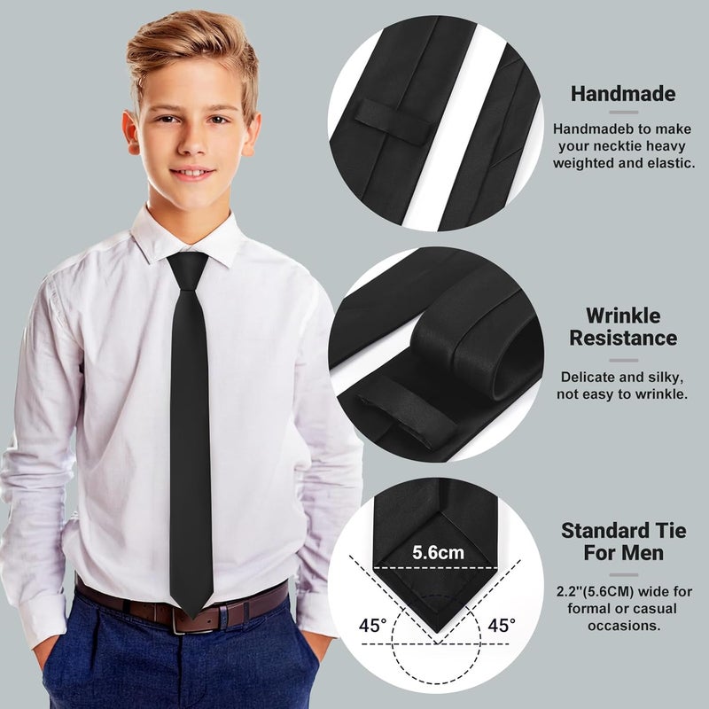 Junmaxroad Store Boys Black Tie Satin Solid Color Necktie for Teen Wedding School Graduation with Gift Box - Image 4